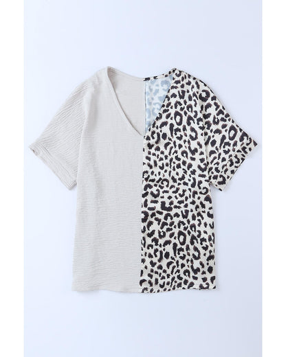 Khaki Contrast Leopard Color Block Blouse - M