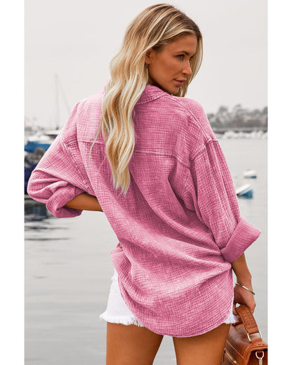 Pink Mineral Wash Crinkle Textured Chest Pockets Shirt - M