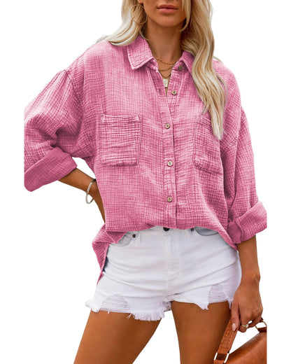 Pink Mineral Wash Crinkle Textured Chest Pockets Shirt - M