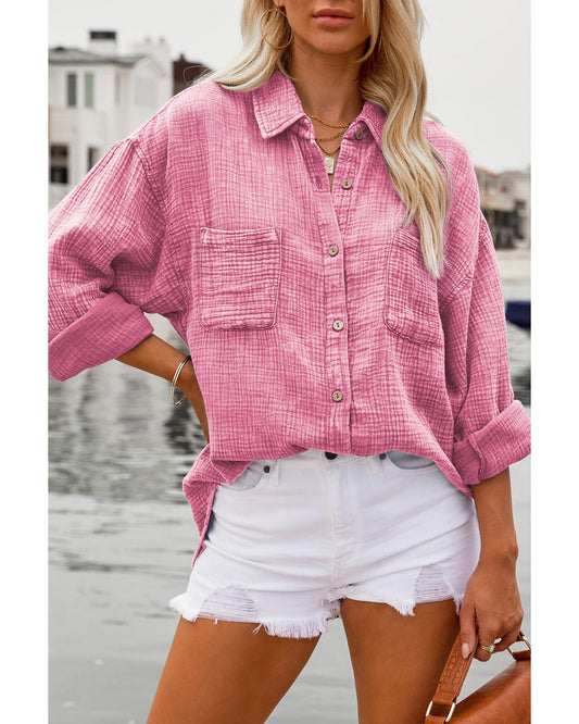 Pink Mineral Wash Crinkle Textured Chest Pockets Shirt - XL