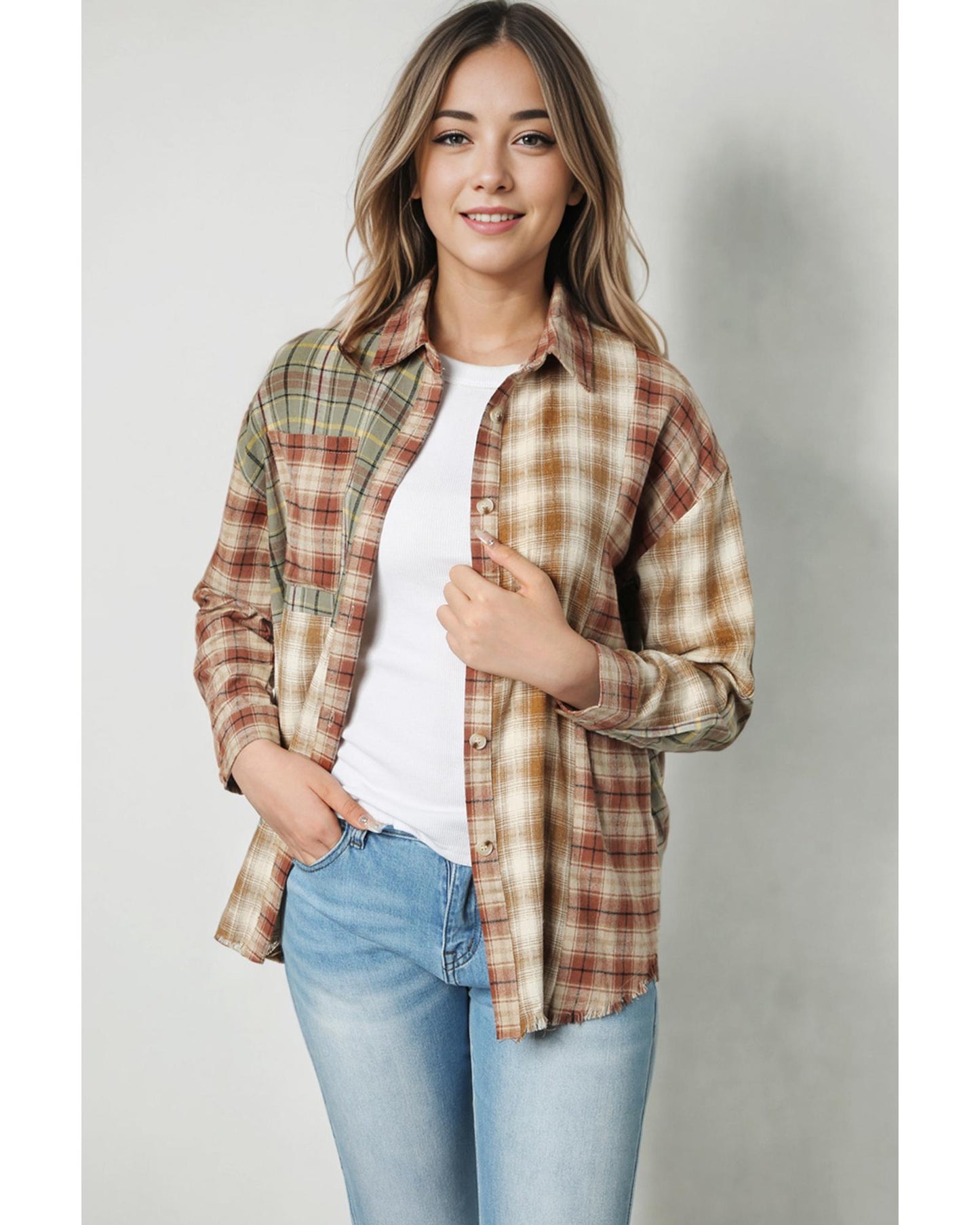 Brown Multi Plaid Patchwork Raw Edge Casual Shirt - XL