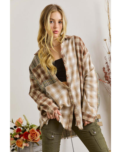 Brown Multi Plaid Patchwork Raw Edge Casual Shirt - XL