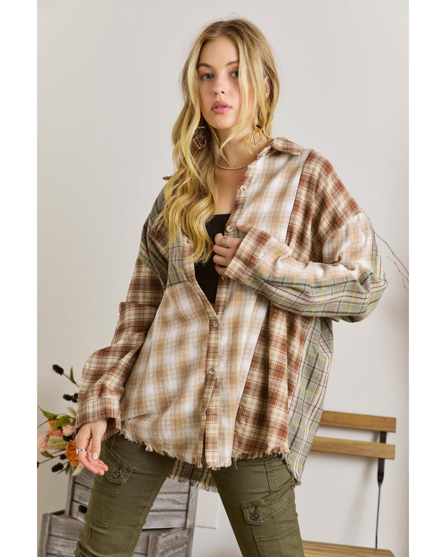 Brown Multi Plaid Patchwork Raw Edge Casual Shirt - XL
