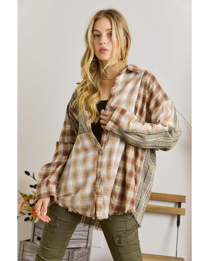 Brown Multi Plaid Patchwork Raw Edge Casual Shirt - XL