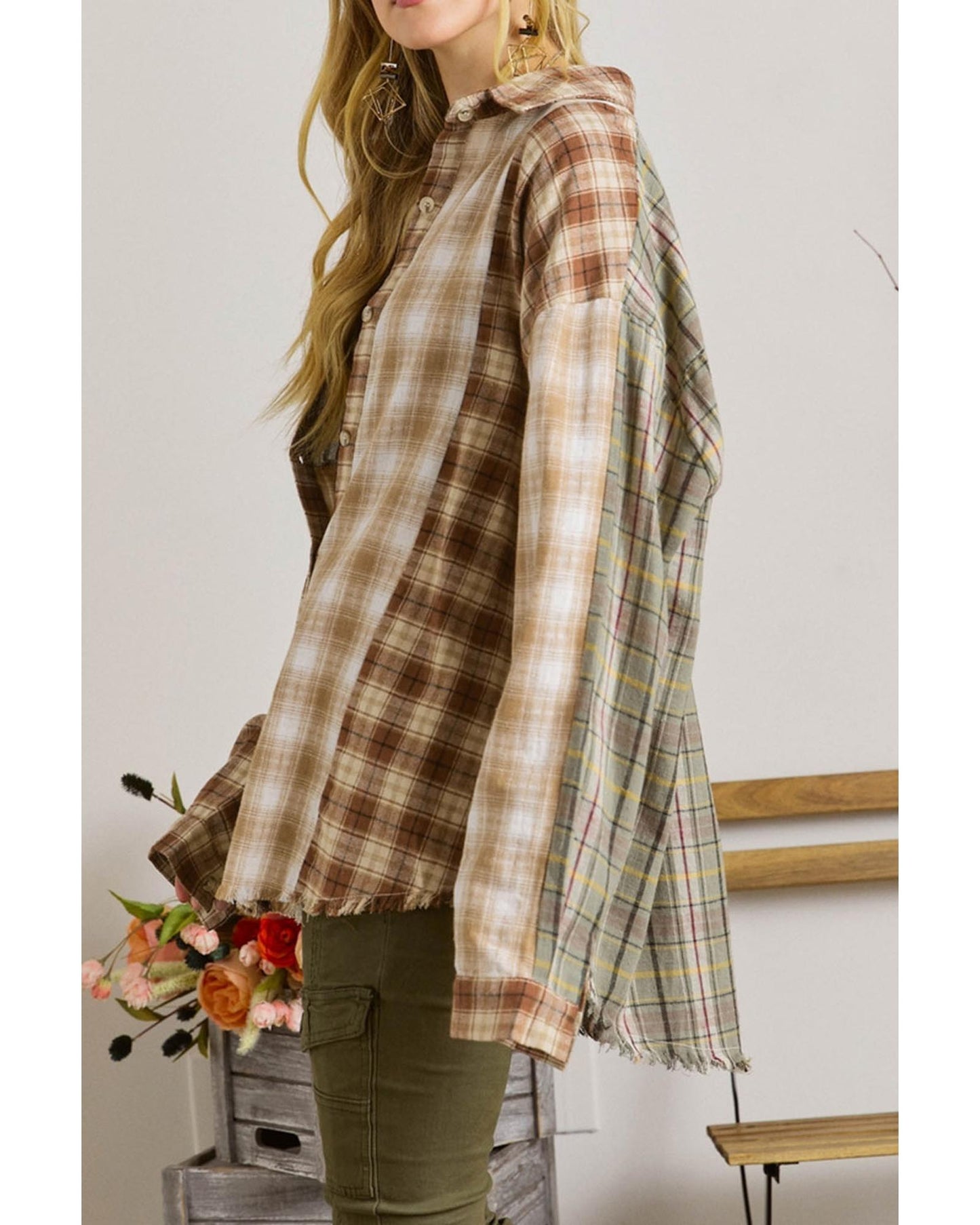 Brown Multi Plaid Patchwork Raw Edge Casual Shirt - XL