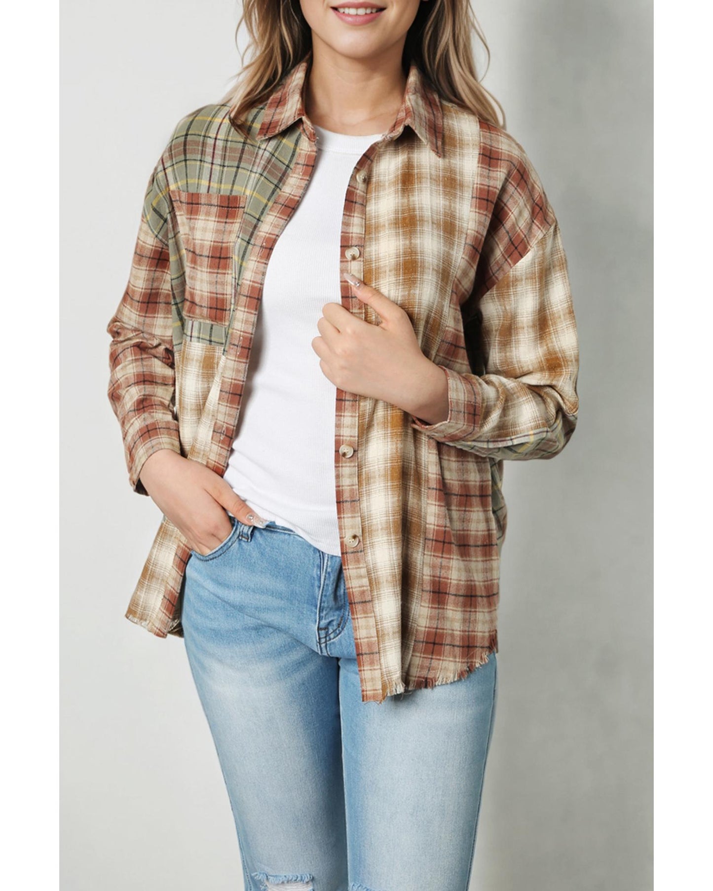Brown Multi Plaid Patchwork Raw Edge Casual Shirt - XL