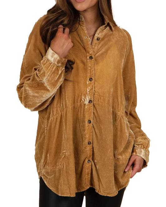 Gold Solid Color Button Up Loose Fit Velvet Shirt - L