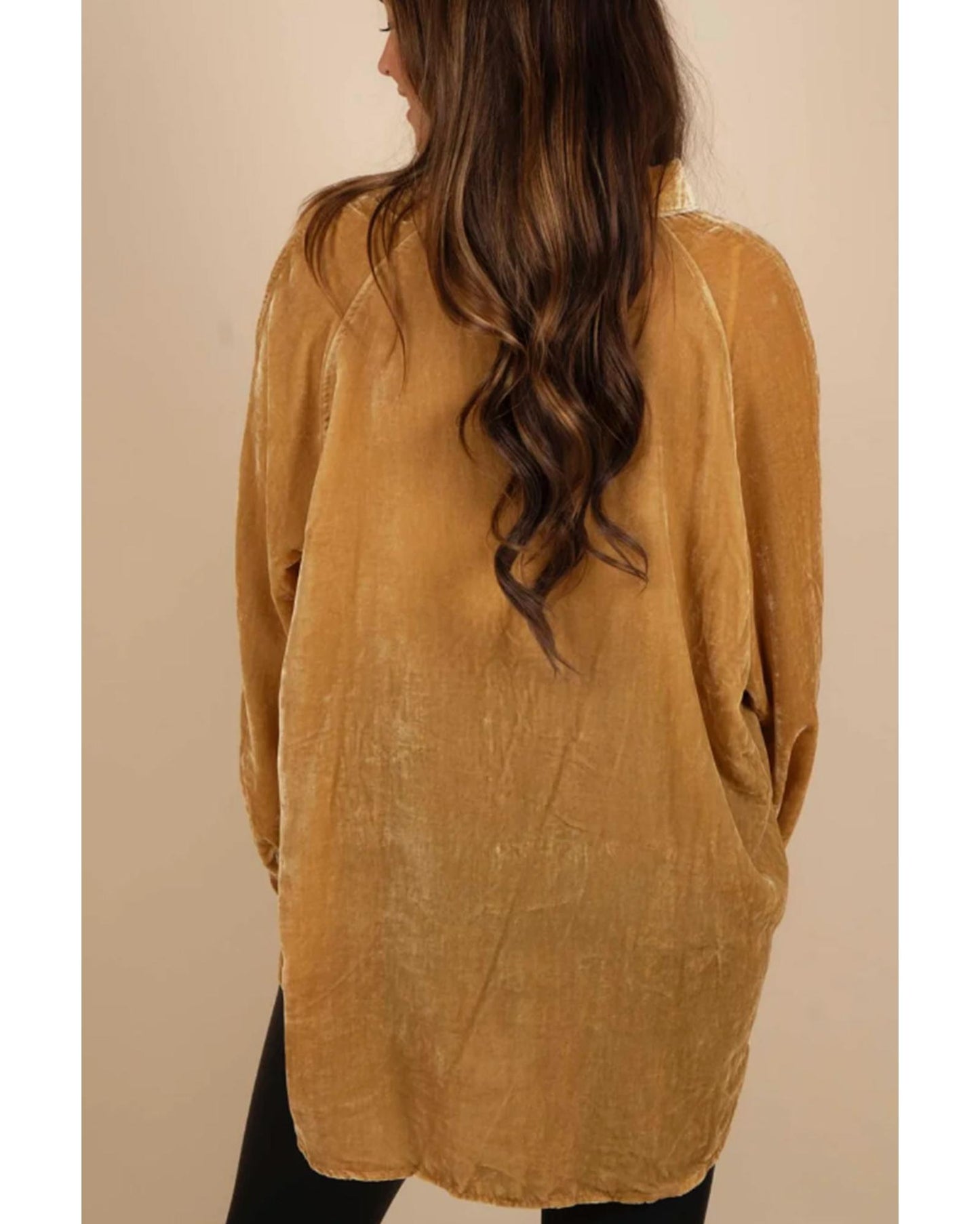 Gold Solid Color Button Up Loose Fit Velvet Shirt - L