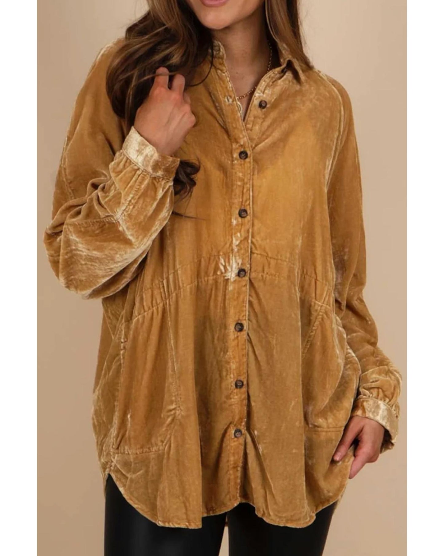 Gold Solid Color Button Up Loose Fit Velvet Shirt - L