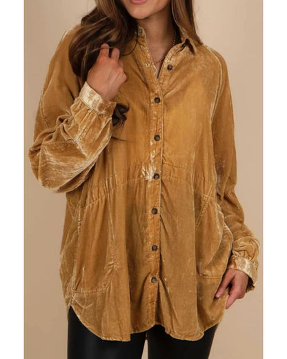 Gold Solid Color Button Up Loose Fit Velvet Shirt - L