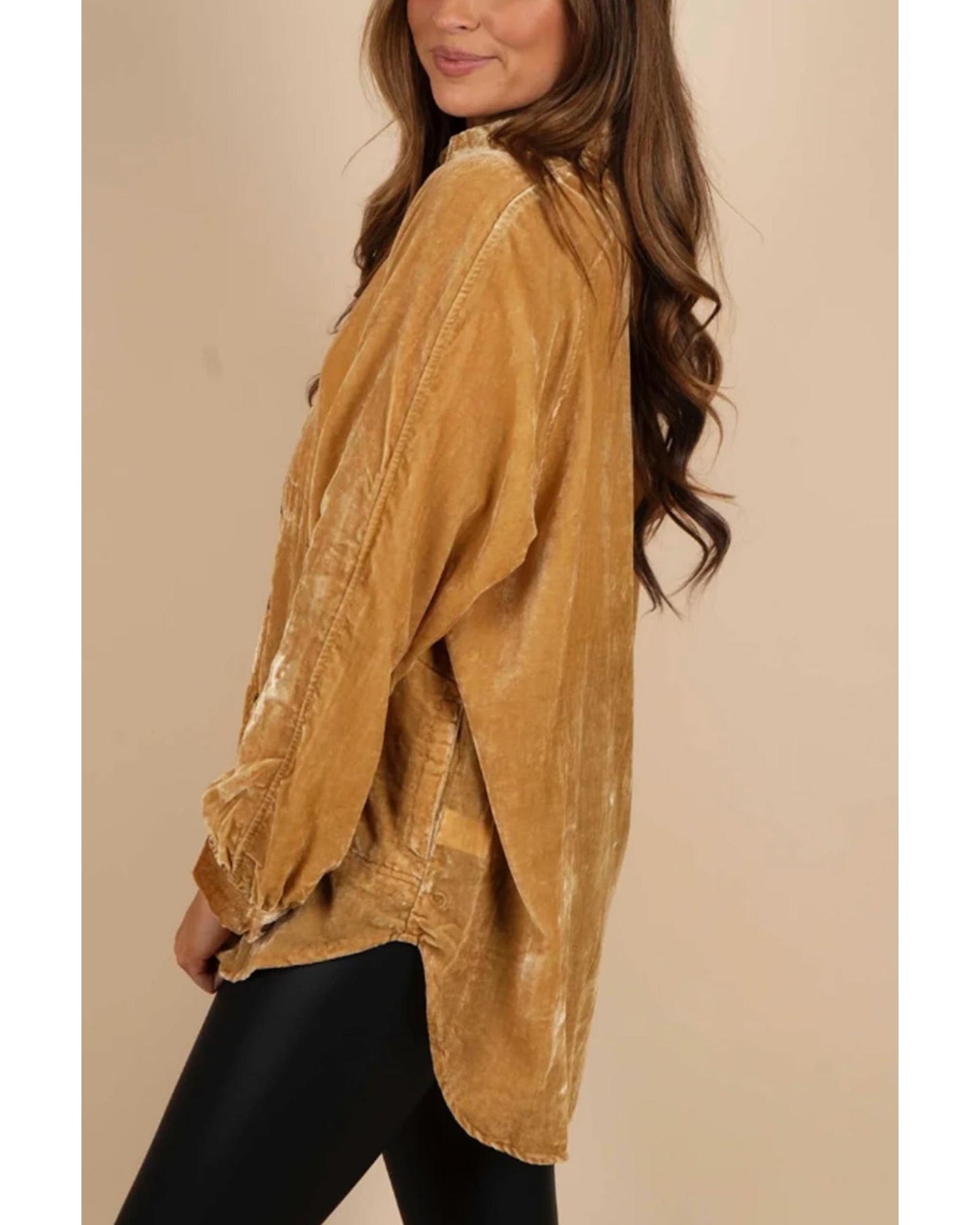 Gold Solid Color Button Up Loose Fit Velvet Shirt - L