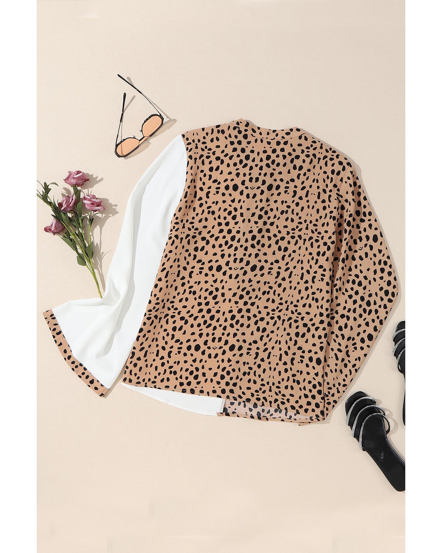 Khaki Leopard Contrast Half Button Casual Blouse - S