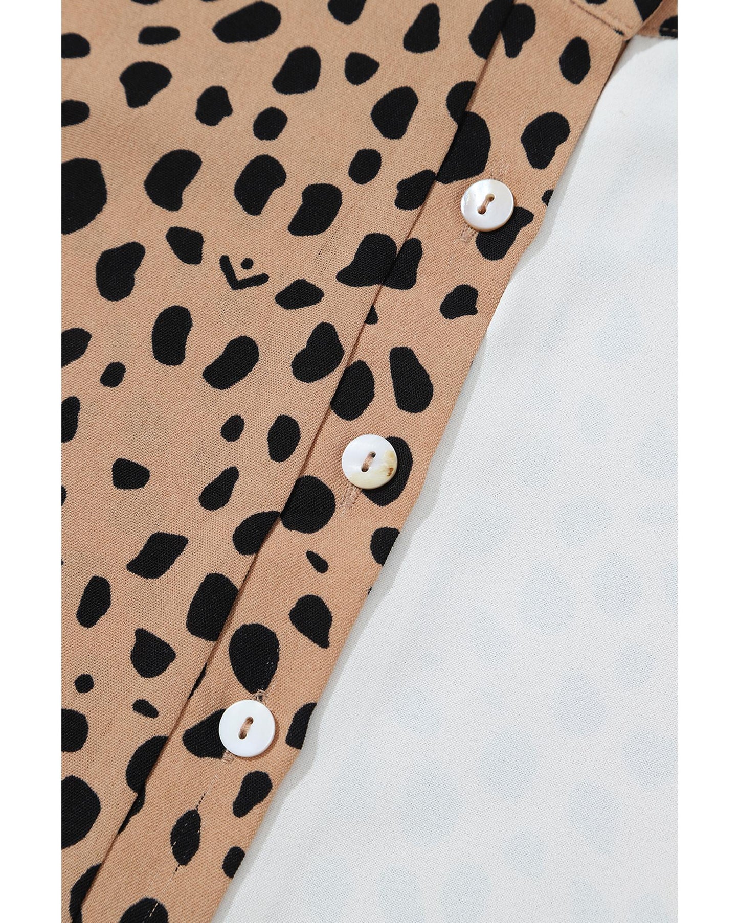 Khaki Leopard Contrast Half Button Casual Blouse - S