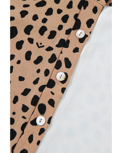 Khaki Leopard Contrast Half Button Casual Blouse - S