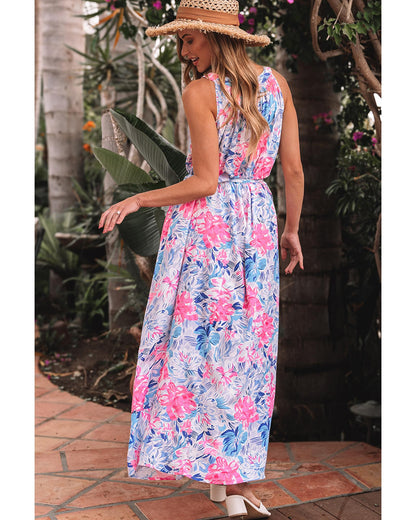 Sky Blue Floral Printed Sleeveless O Neck Knot Waist Maxi Dress - XL