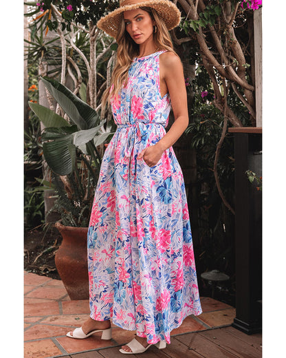 Sky Blue Floral Printed Sleeveless O Neck Knot Waist Maxi Dress - XL
