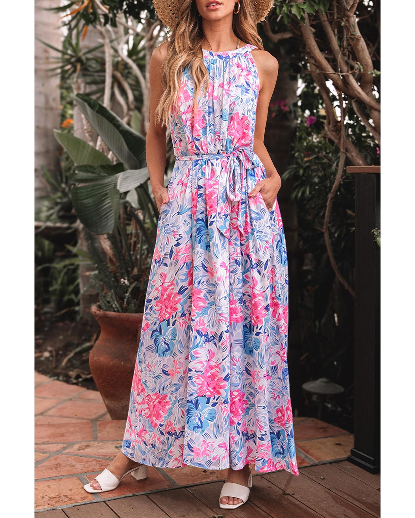 Sky Blue Floral Printed Sleeveless O Neck Knot Waist Maxi Dress - XL