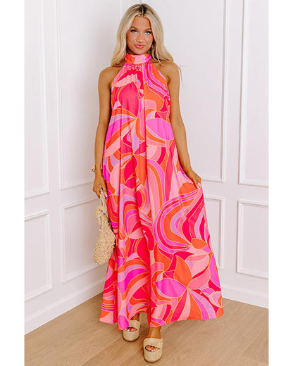 Rose Abstract Printed High Neck Knotted Nape Sleeveless Maxi Dress - L