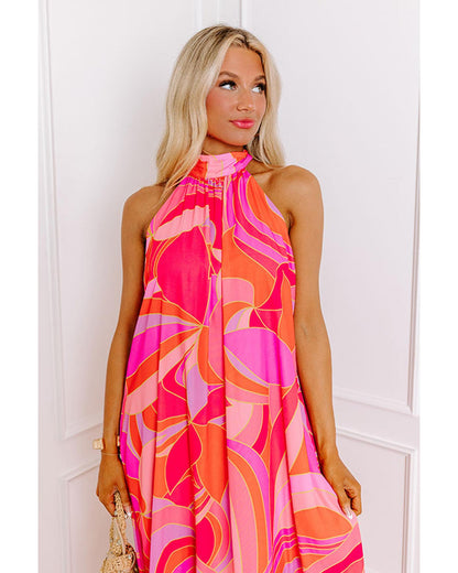 Rose Abstract Printed High Neck Knotted Nape Sleeveless Maxi Dress - L