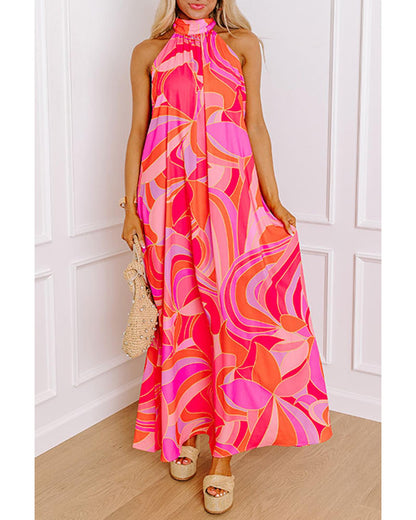 Rose Abstract Printed High Neck Knotted Nape Sleeveless Maxi Dress - XL
