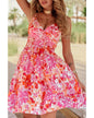 Red Floral Spaghetti Strap Surplice Neck Shirred Waist Mini Dress - M