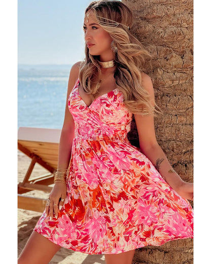 Red Floral Spaghetti Strap Surplice Neck Shirred Waist Mini Dress - M