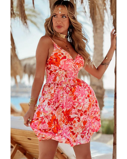 Red Floral Spaghetti Strap Surplice Neck Shirred Waist Mini Dress - M