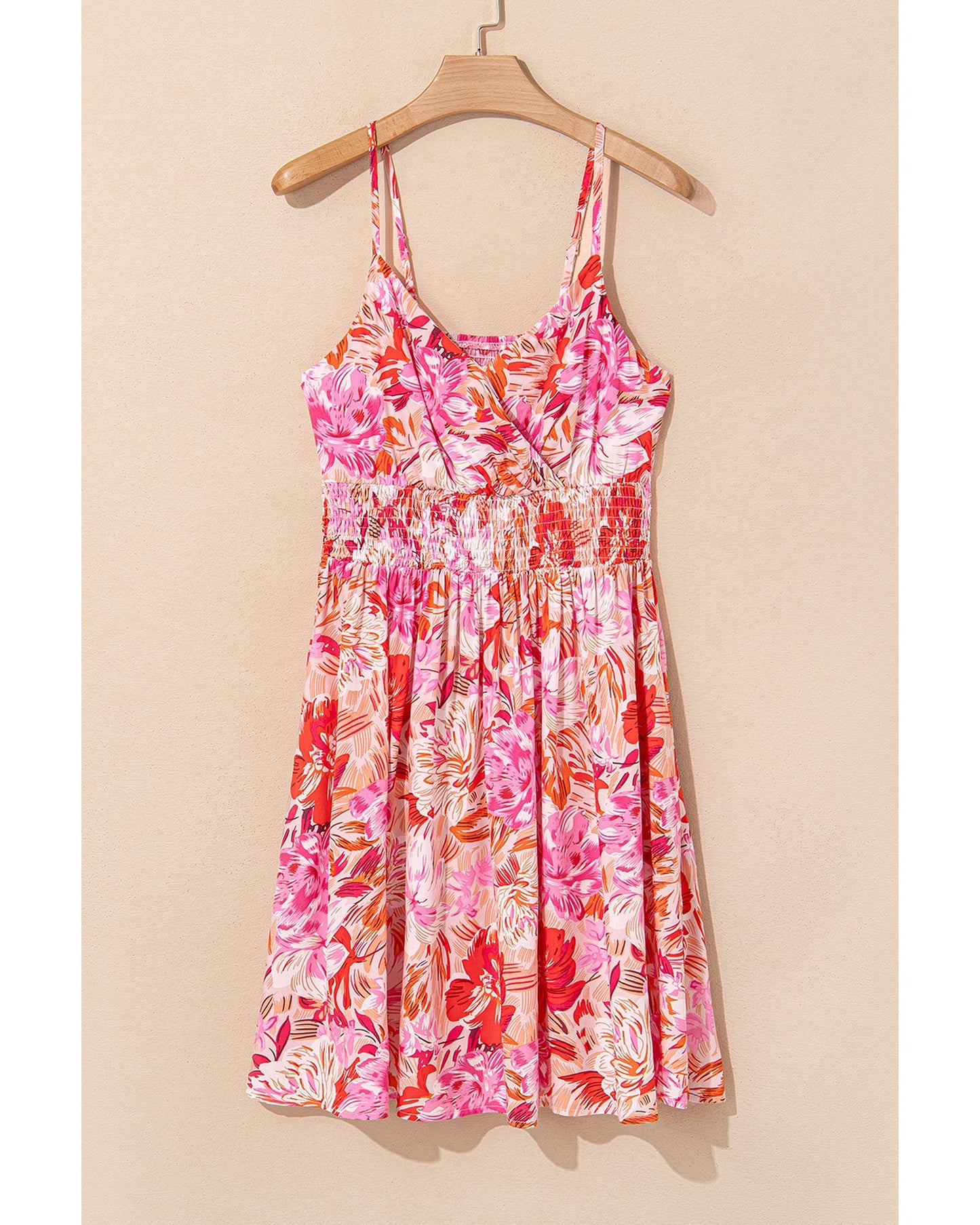 Red Floral Spaghetti Strap Surplice Neck Shirred Waist Mini Dress - M
