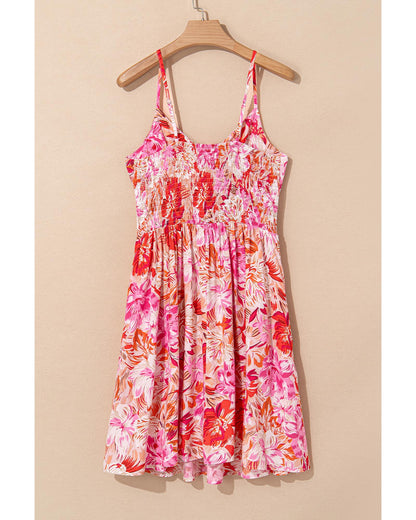 Red Floral Spaghetti Strap Surplice Neck Shirred Waist Mini Dress - M