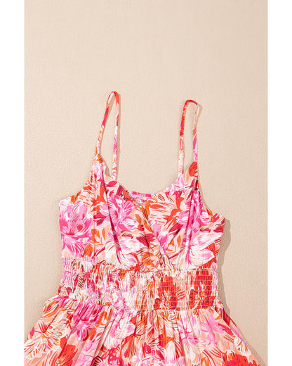 Red Floral Spaghetti Strap Surplice Neck Shirred Waist Mini Dress - M