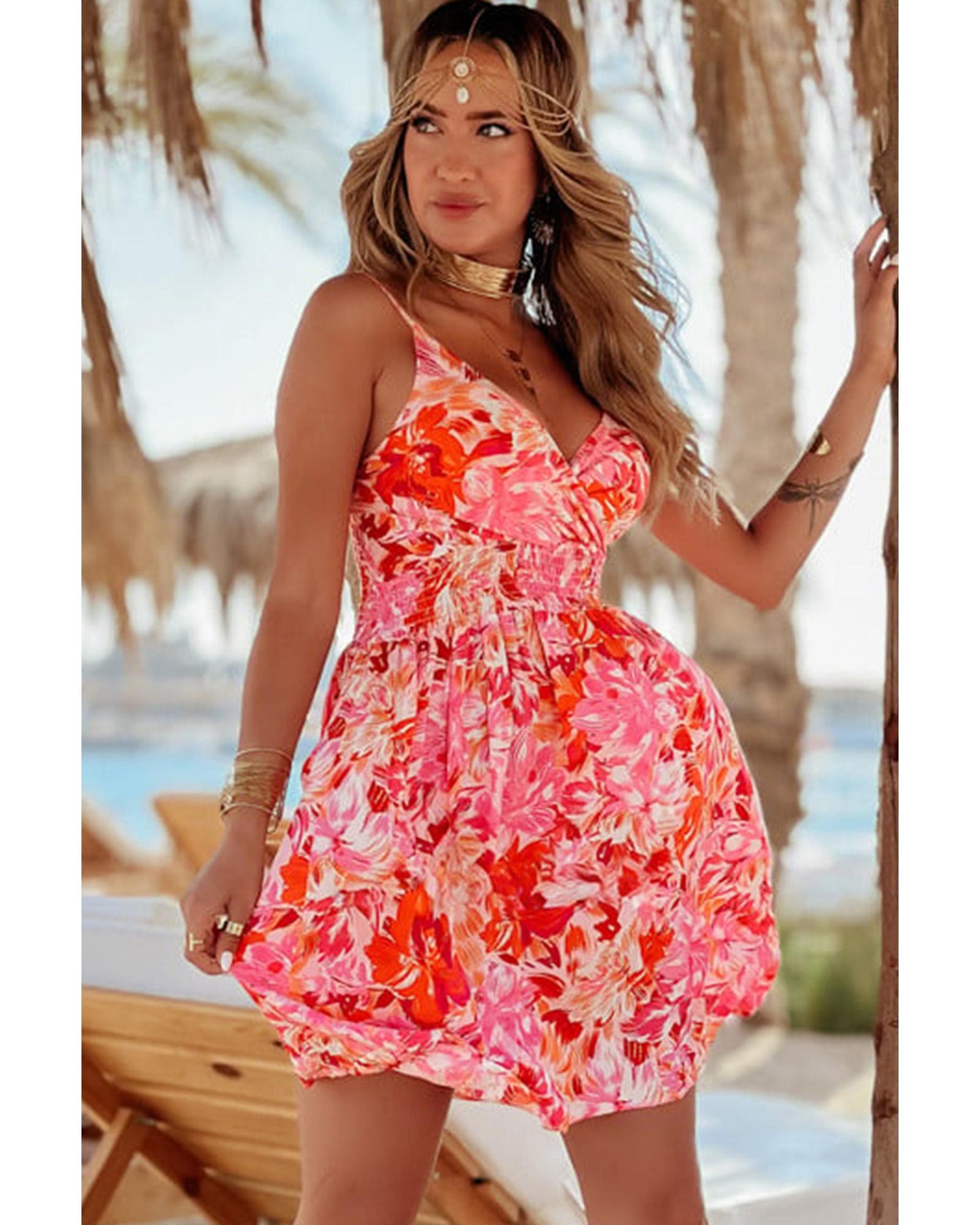 Red Floral Spaghetti Strap Surplice Neck Shirred Waist Mini Dress - S