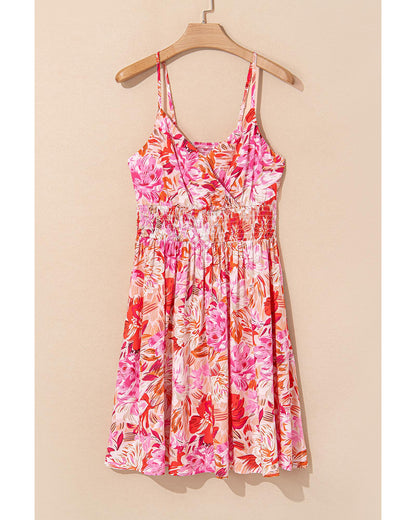 Red Floral Spaghetti Strap Surplice Neck Shirred Waist Mini Dress - XL