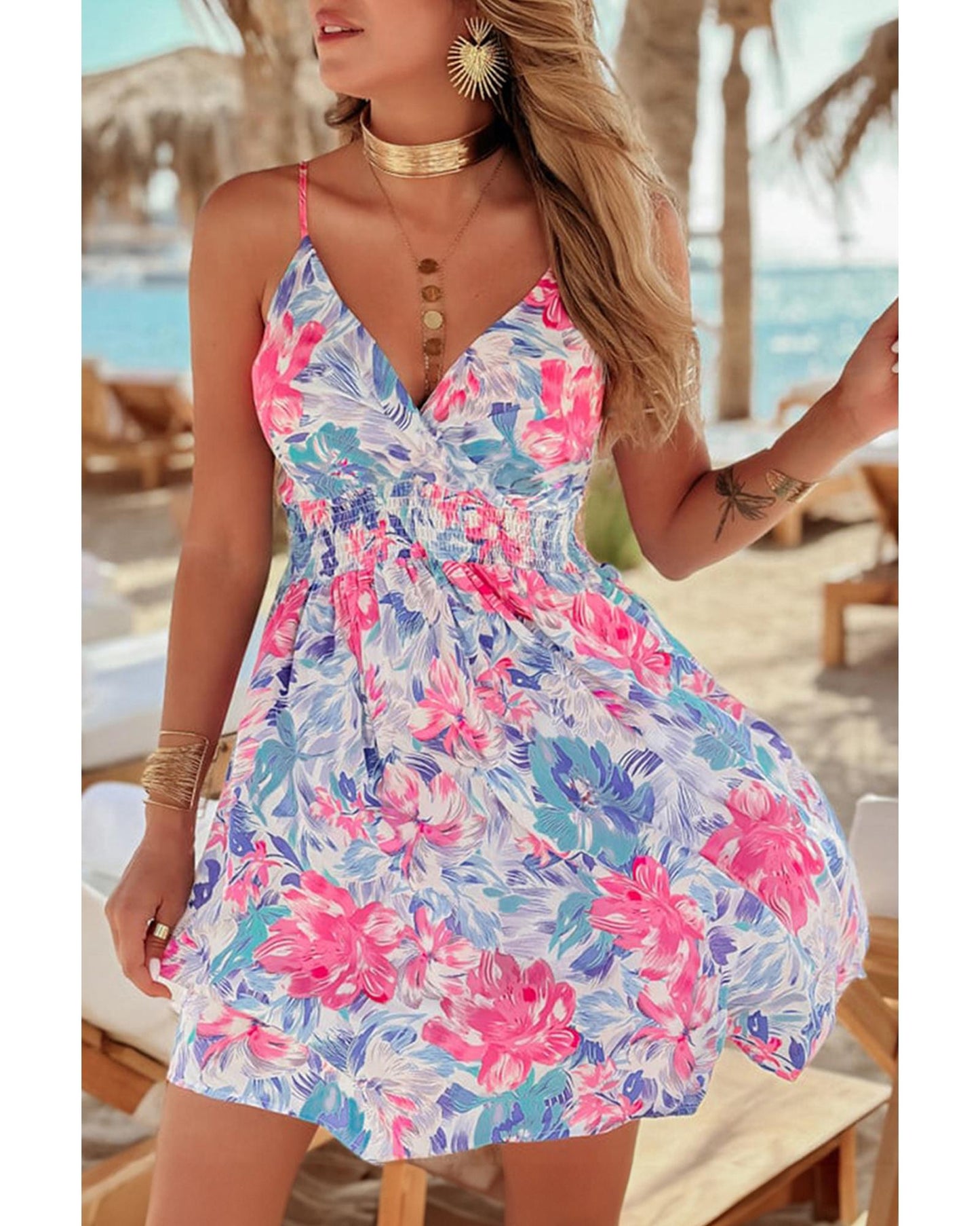 Sky Blue Floral Spaghetti Strap Surplice Neck Shirred Waist Mini Dress - L