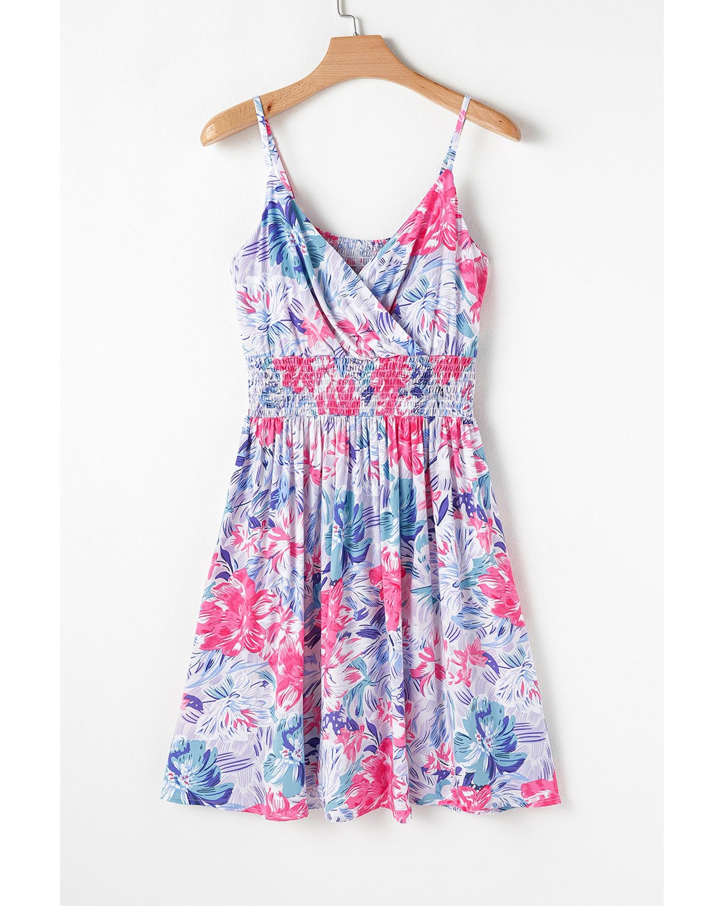 Sky Blue Floral Spaghetti Strap Surplice Neck Shirred Waist Mini Dress - L