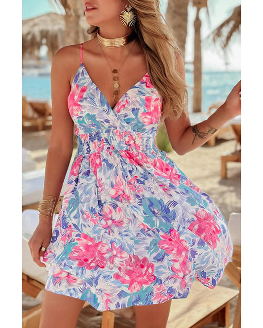 Sky Blue Floral Spaghetti Strap Surplice Neck Shirred Waist Mini Dress - M