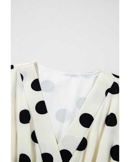 Beige Polka Dot Printed Surplice V Neck Puff Sleeve Mini Dress - XL