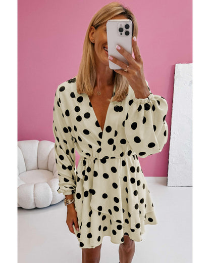 Beige Polka Dot Printed Surplice V Neck Puff Sleeve Mini Dress - XL