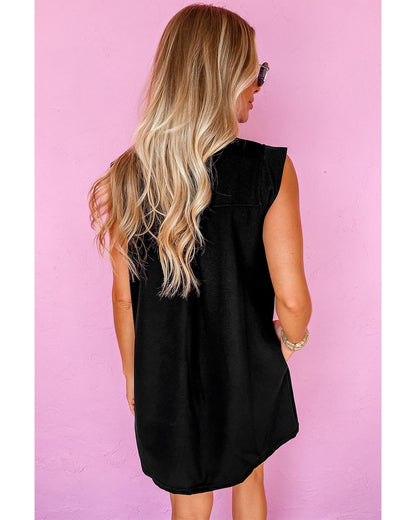 Black Solid Color Collared Slit Neck Sleeveless Mini Dress - L