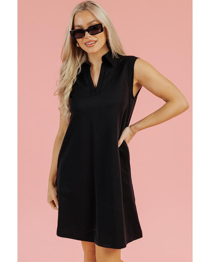 Black Solid Color Collared Slit Neck Sleeveless Mini Dress - L