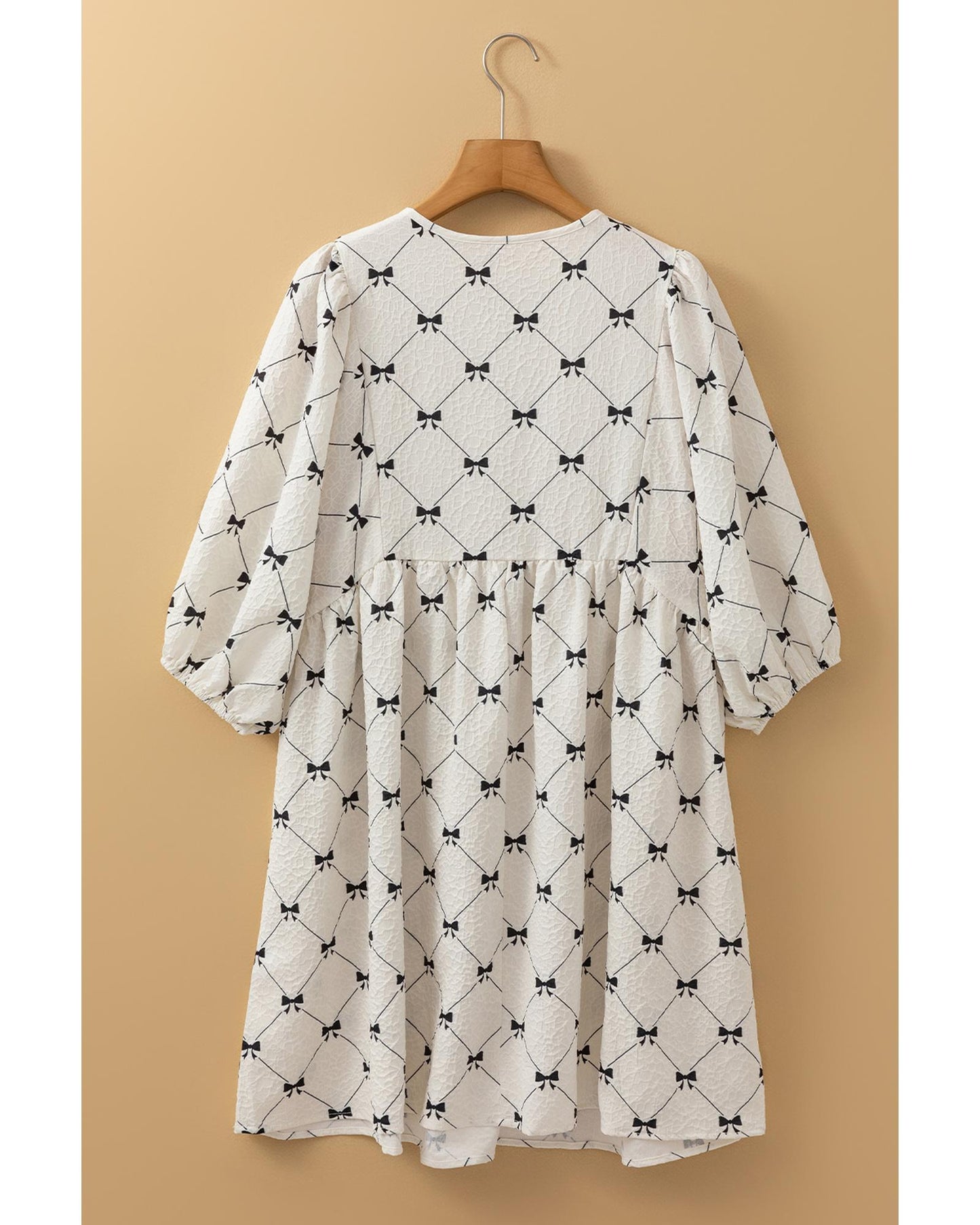 White Bowtie Pattern Textured Puff Half Sleeve Loose Mini Dress - M