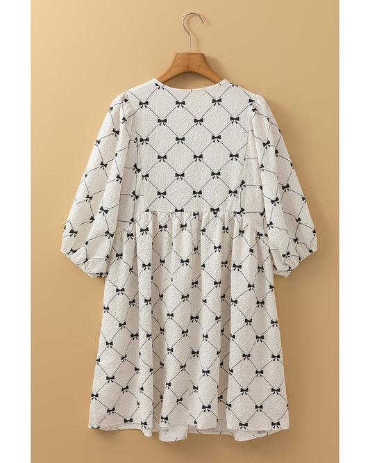 White Bowtie Pattern Textured Puff Half Sleeve Loose Mini Dress - M