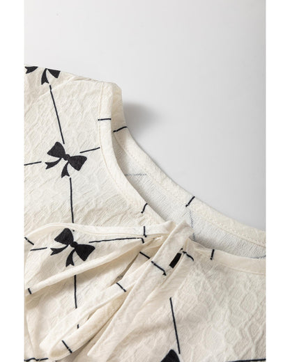 White Bowtie Pattern Textured Puff Half Sleeve Loose Mini Dress - S