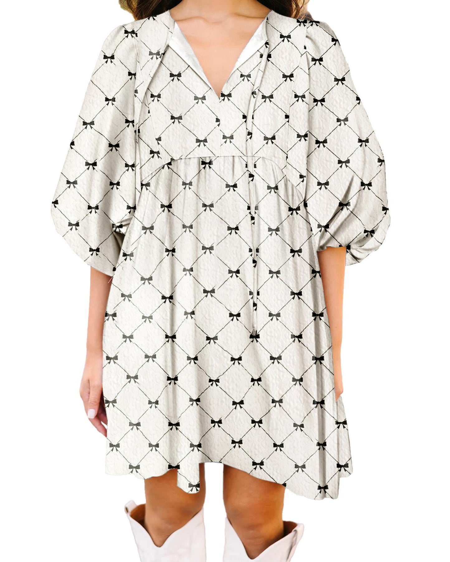 White Bowtie Pattern Textured Puff Half Sleeve Loose Mini Dress - S