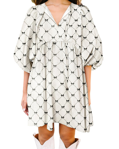 White Bowtie Pattern Textured Puff Half Sleeve Loose Mini Dress - S