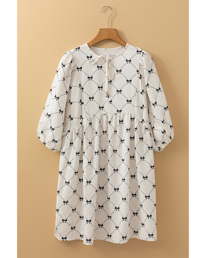 White Bowtie Pattern Textured Puff Half Sleeve Loose Mini Dress - XL