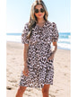 Brown Leopard Tied Front Keyhole Puff Short Sleeve Mini Dress - L