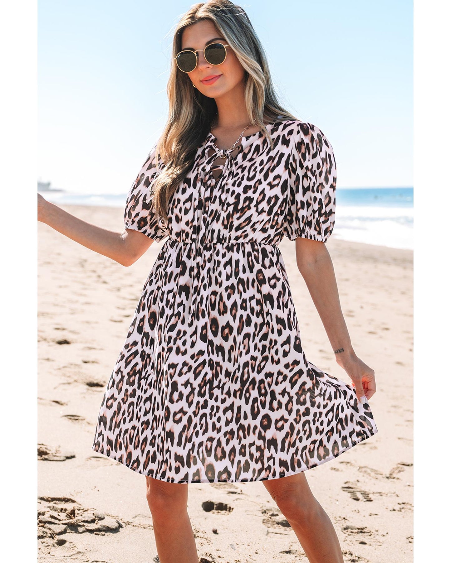 Brown Leopard Tied Front Keyhole Puff Short Sleeve Mini Dress - L