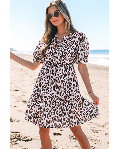 Brown Leopard Tied Front Keyhole Puff Short Sleeve Mini Dress - L