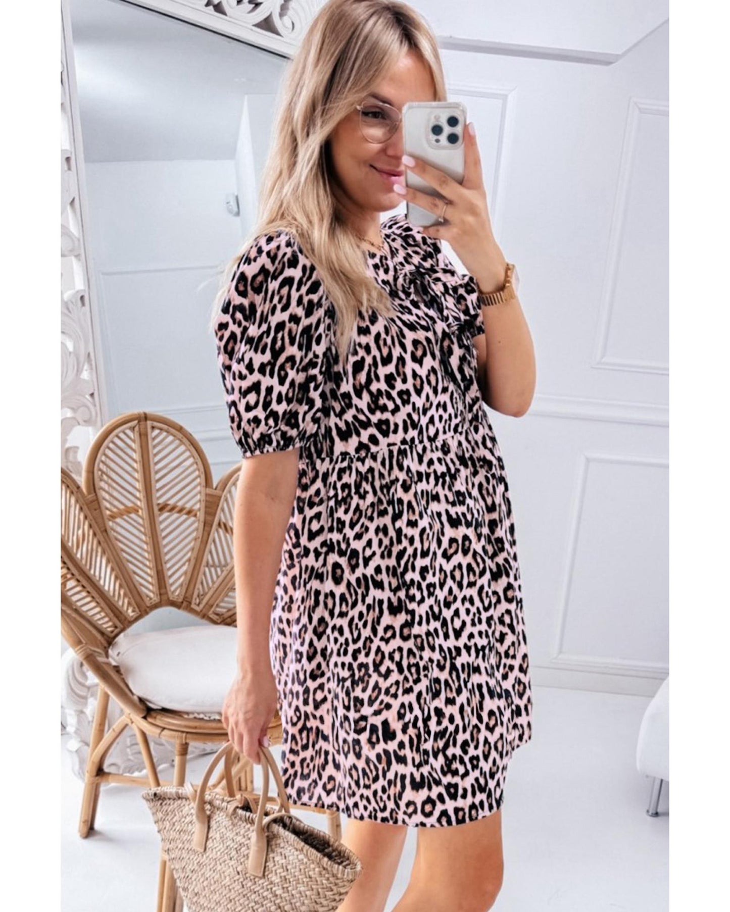 Brown Leopard Tied Front Keyhole Puff Short Sleeve Mini Dress - L