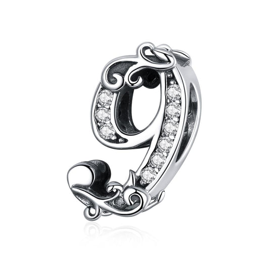 925 Sterling Silver Relief Number Series 0 9 Beads For Diy Bracelets And Necklaces Style - 9